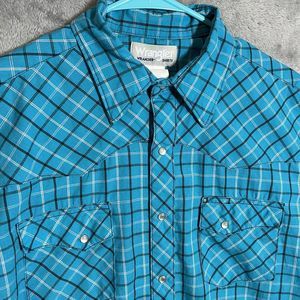 Wrangler Wrancher Men's Large‎ Blue Plaid Pearl Snap Short Sleeve Shirt Cowboy